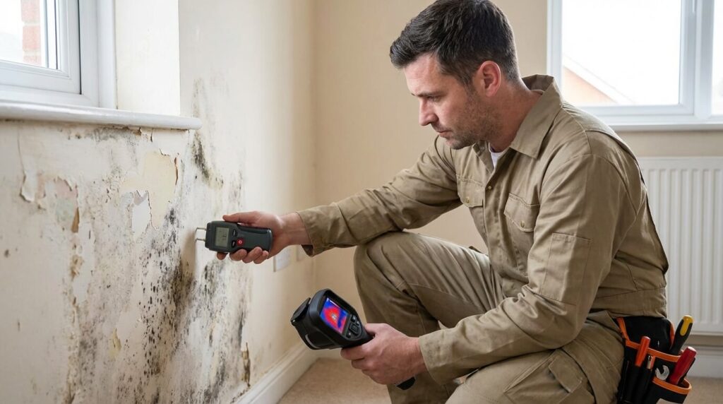 Expert réalisant un diagnostic humidité précis sur un mur intérieur à l'aide d'un hygromètre professionnel.