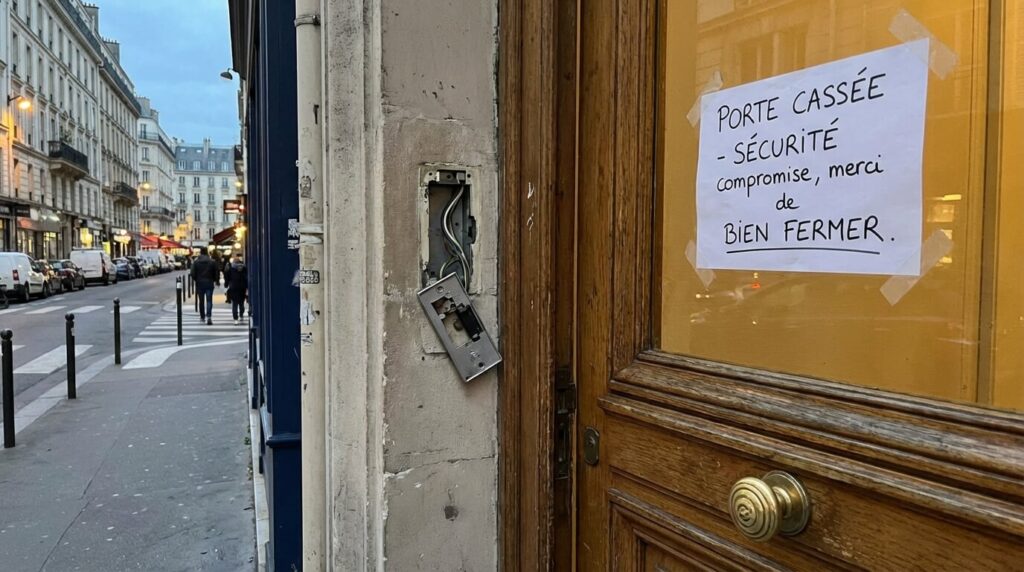 Porte d'entrée d'immeuble avec gâche électrique endommagée restant entrouverte, posant un problème de sécurité pour les résidents