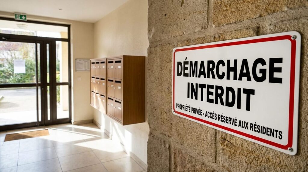 Panneau de signalisation "Démarchage Interdit" apposé visiblement dans le hall d'une copropriété pour dissuader les vendeurs