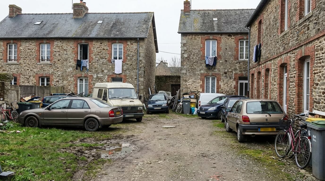 Cour intérieure partagée entre deux maisons avec des voitures garées de manière anarchique, illustrant les problèmes de gestion sans copropriété