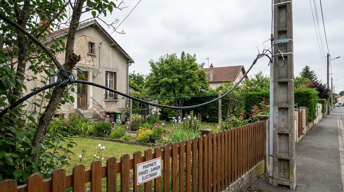 Câble d'alimentation électrique aérien traversant illégalement un jardin privé pour relier la maison du voisin au poteau Enedis