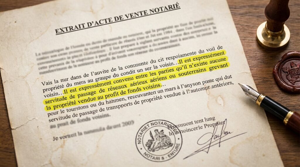 Extrait d'un acte de propriété notarié surligné montrant la présence ou l'absence d'une servitude de passage de réseaux