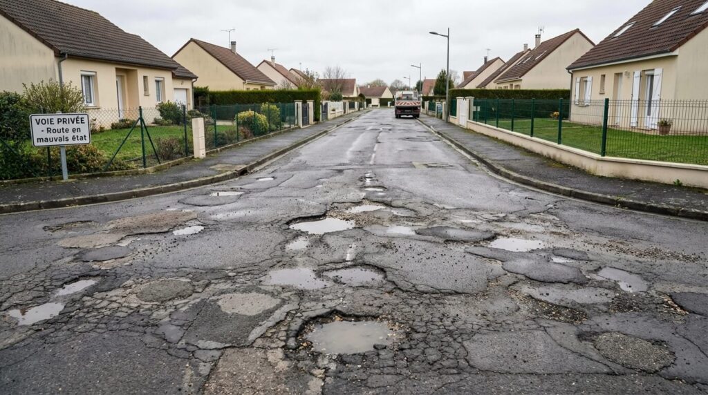 Rétrocession de voirie de lotissement : La mairie peut-elle refuser le transfert ? 2 Route d'un lotissement privé en mauvais état avec des nids de poule, motif fréquent de refus de rétrocession par la mairie