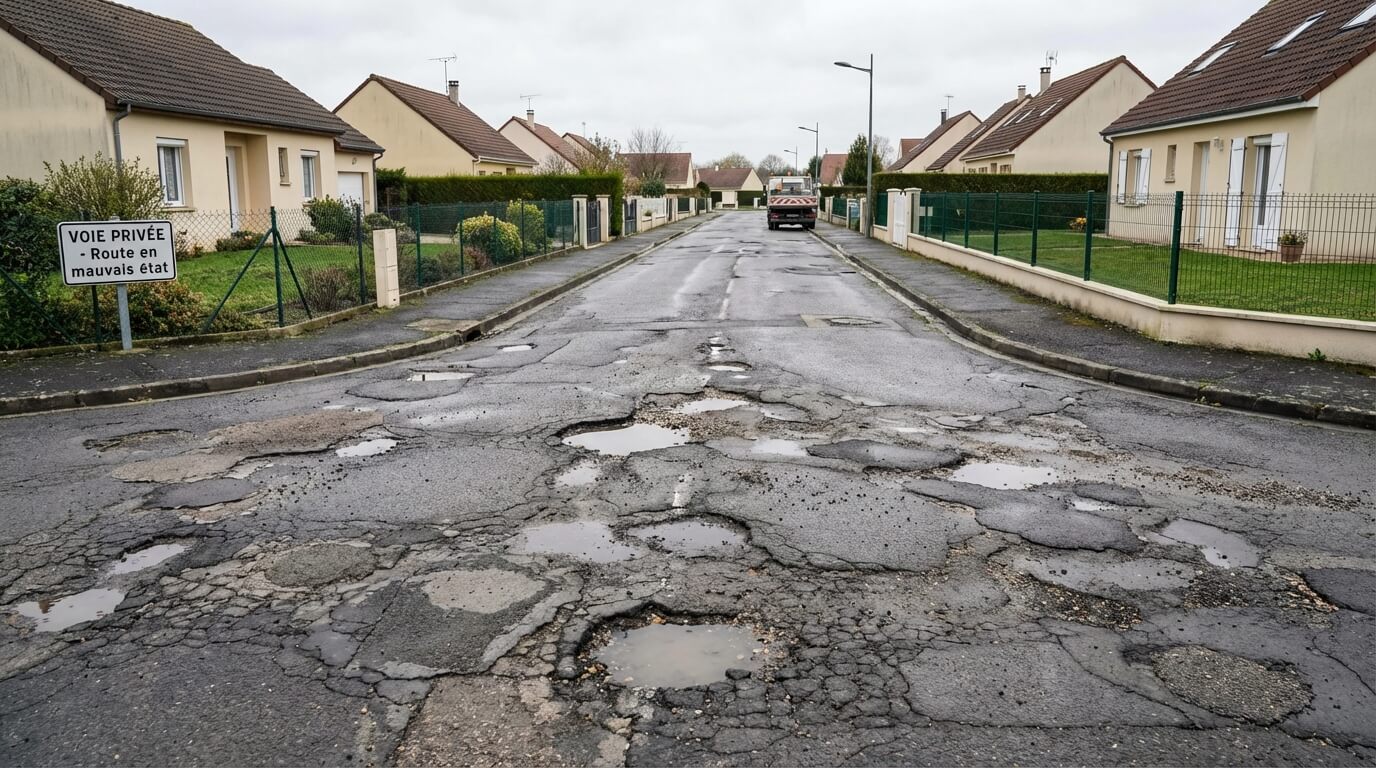 Route d'un lotissement privé en mauvais état avec des nids de poule, motif fréquent de refus de rétrocession par la mairie