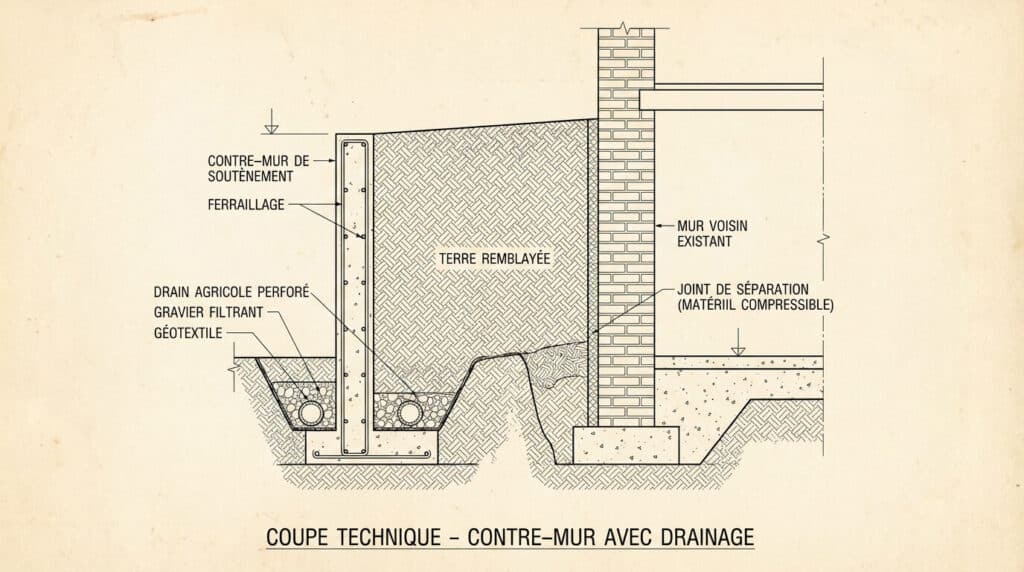 Coupe technique montrant la construction correcte d'un contre-mur de soutènement avec système de drainage pour retenir les terres sans toucher au mur du voisin