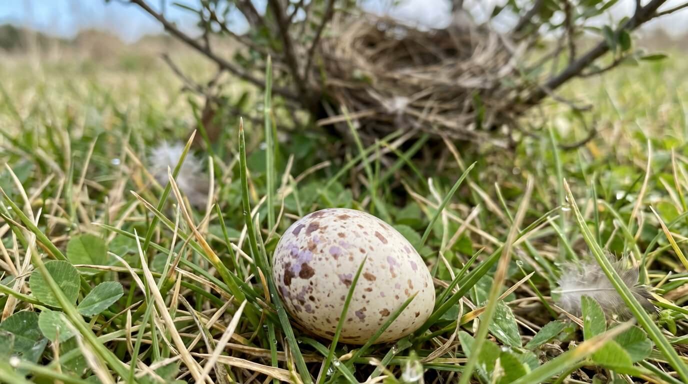 Petit œuf d'oiseau tacheté trouvé intact dans l'herbe, tombé du nid accidentellement ou prédation