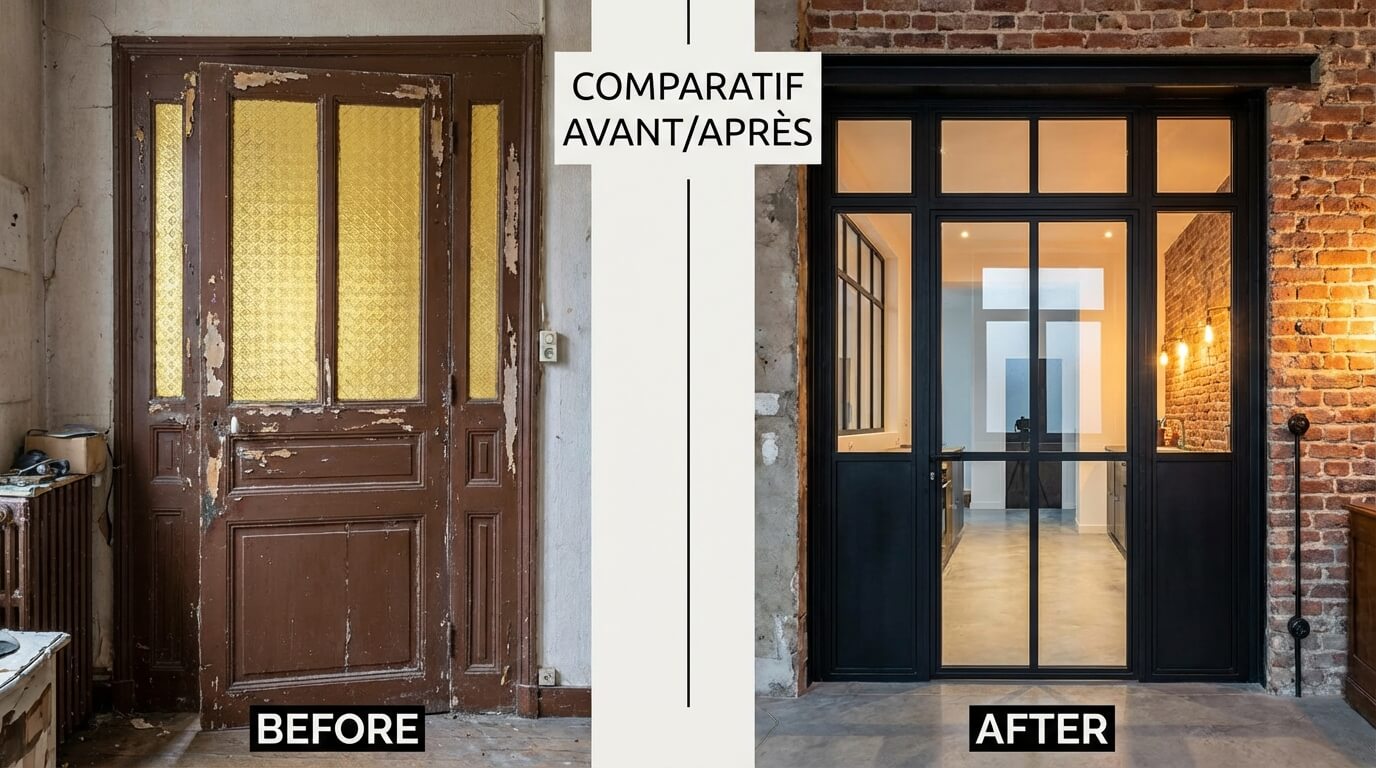 Comparatif Avant/Après montrant une vieille porte vitrée marron à carreaux jaunes transformée en porte style atelier industriel noire