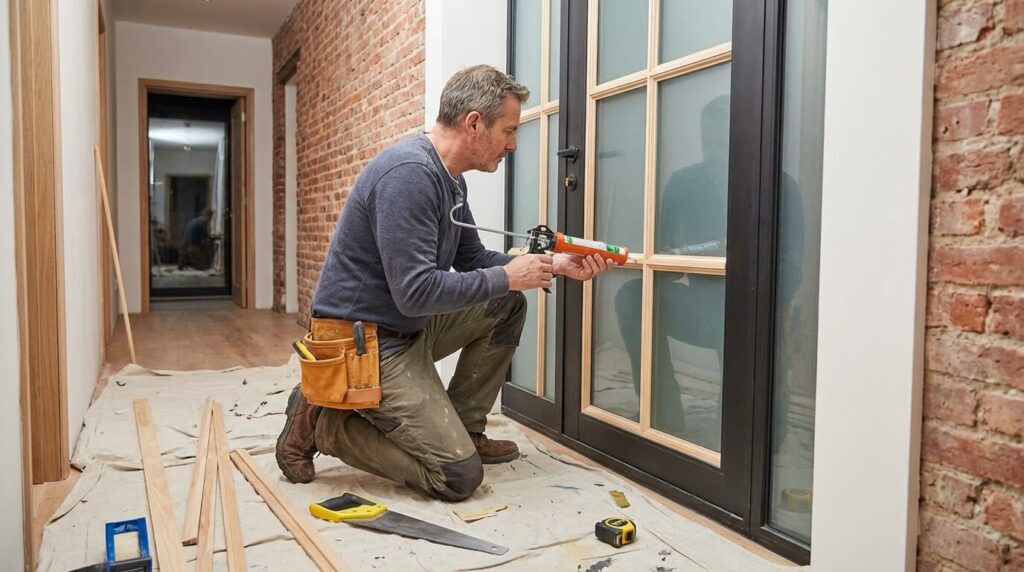 Bricoleur collant des champlats en bois sur une vitre de porte pour créer l'effet verrière