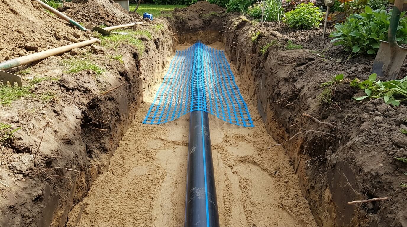 Tranchée de jardin ouverte montrant un tuyau PEHD noir à bande bleue posé sur lit de sable avec un filet avertisseur bleu au-dessus