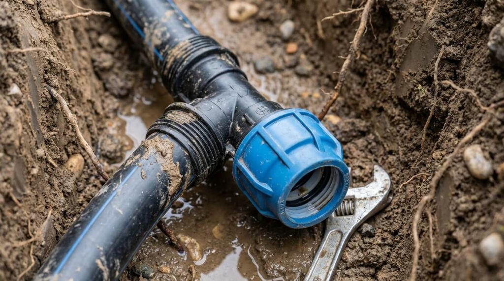 Gros plan sur un raccord à compression en plastique vissé sur un tuyau polyéthylène pour créer une dérivation enterrée