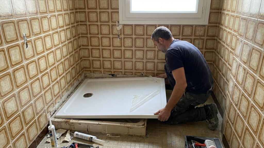 Installation d'un receveur de douche extra-plat blanc en remplacement d'un ancien bac, sans modification lourde des murs carrelés