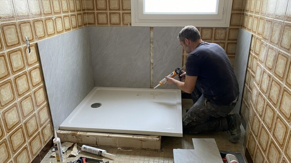 Pose de panneaux muraux composites décoratifs pour recouvrir la zone non carrelée après le changement de receveur