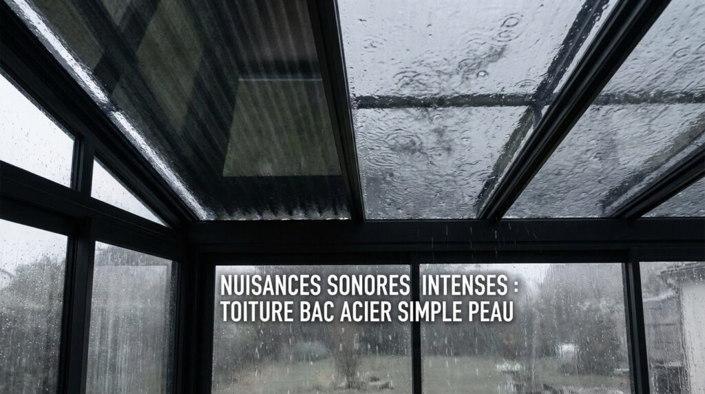 Toiture de véranda en bac acier simple peau, source fréquente de nuisances sonores intenses lors des averses