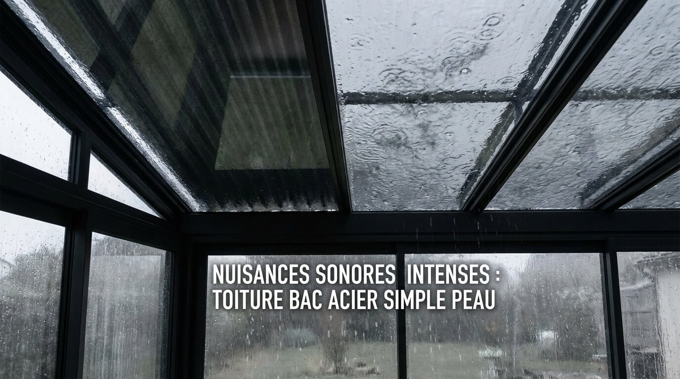 Toiture de véranda en bac acier simple peau, source fréquente de nuisances sonores intenses lors des averses