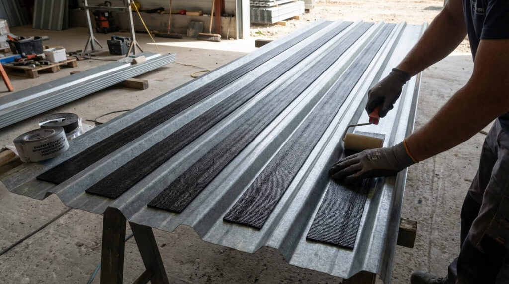 Application de bandes d'étanchéité bitumineuses adhésives sur les ondes d'une tôle métallique pour amortir les vibrations et le bruit