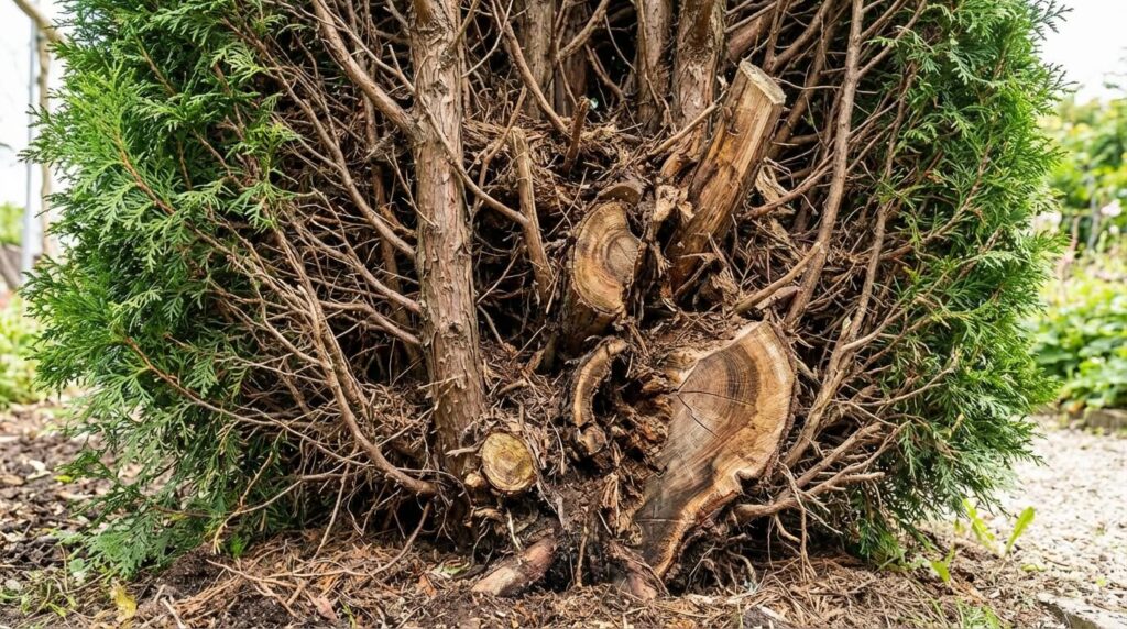 Coupe transversale d'une haie de thuyas montrant la fine couche de verdure extérieure et le cœur de bois sec marron