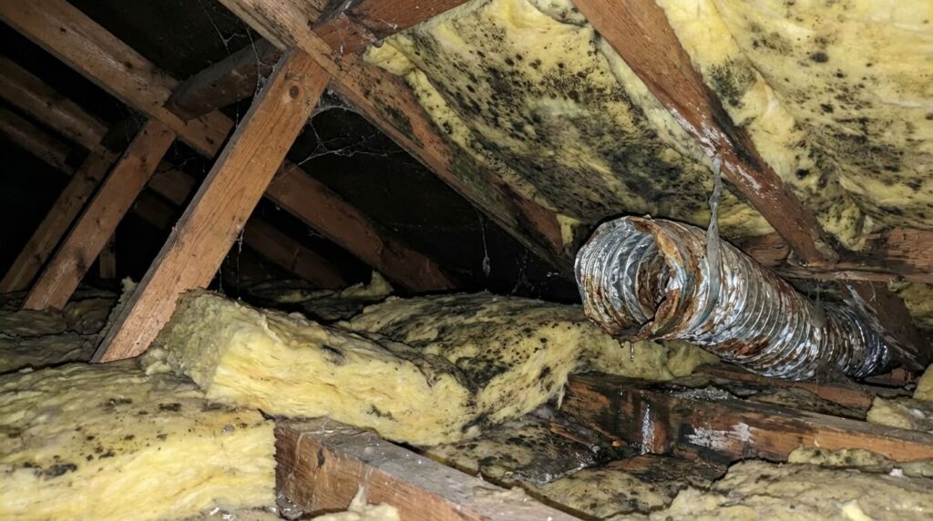 Charpente en bois et laine de verre couvertes de moisissures noires suite au rejet direct de l'air humide d'une VMC dans les combles
