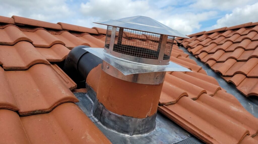 Installation conforme d'un chapeau de toiture sur une tuile à douille assurant l'évacuation de l'air vicié vers l'extérieur