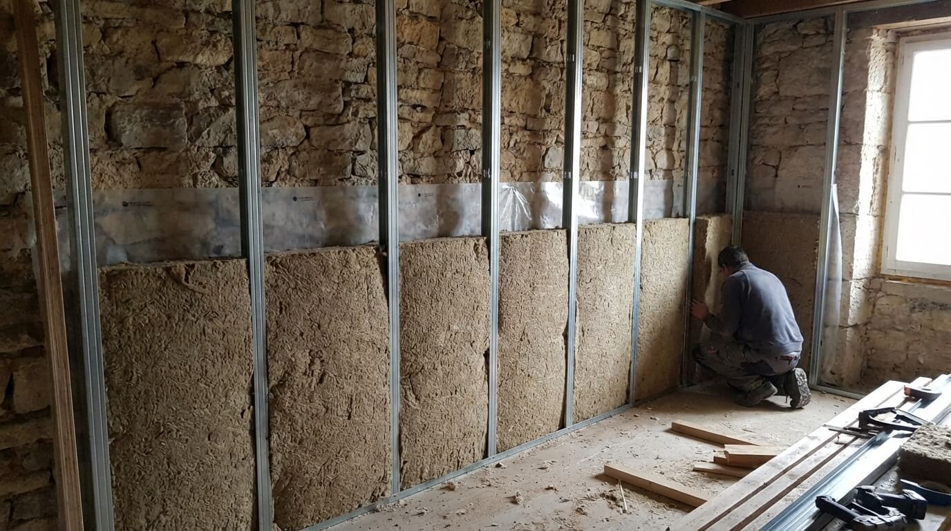 Pose d'une ossature métallique et d'un isolant bio-sourcé (laine de bois) devant un mur en pierre brut pour laisser une lame d'air
