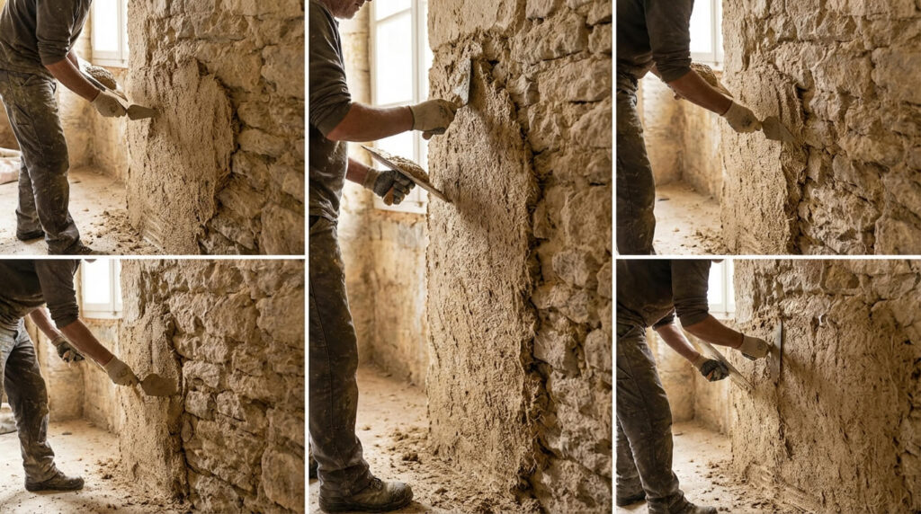 Application manuelle d'un enduit correcteur thermique chaux-chanvre directement sur la pierre pour conserver la respirabilité du mur