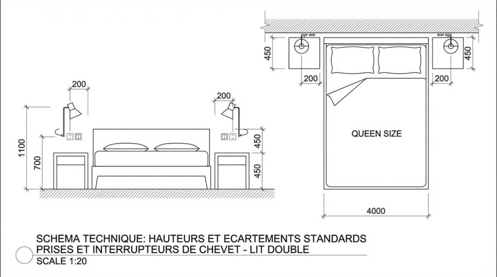 Schéma technique coté indiquant les hauteurs et écartements standards des prises et interrupteurs de chevet par rapport à un lit double