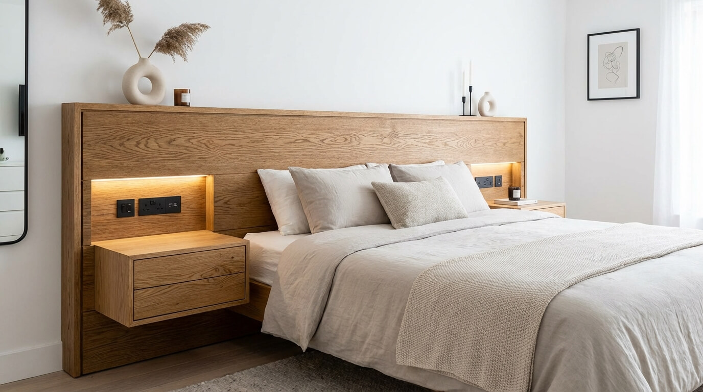 Tête de lit moderne en menuiserie avec prises électriques et ports USB encastrés accessibles au-dessus de la table de nuit