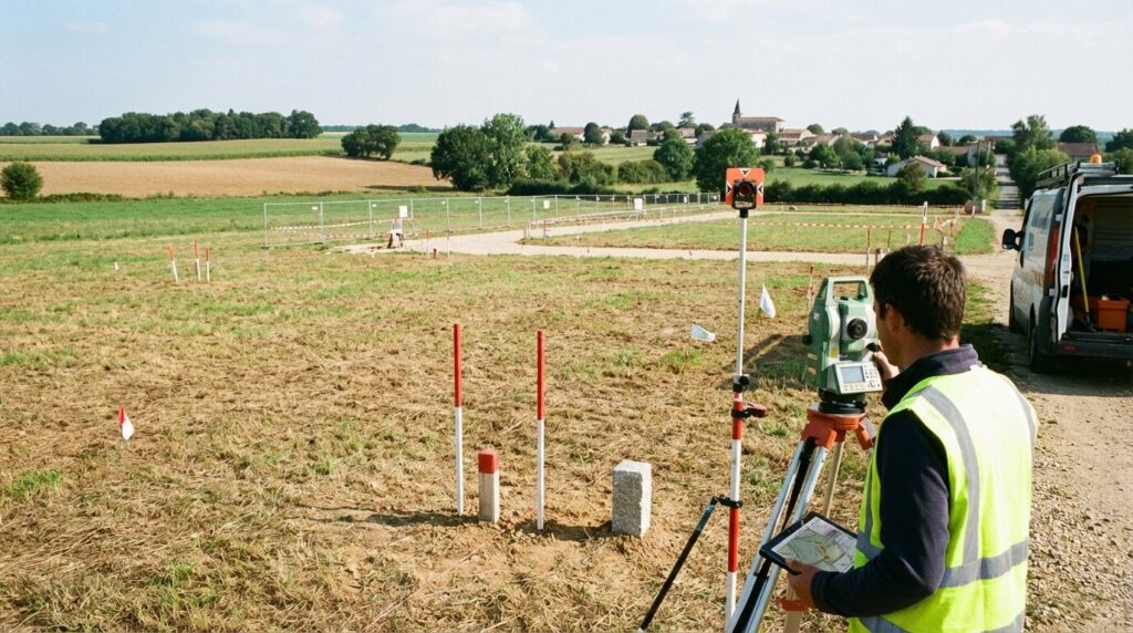 Géomètre-expert effectuant le bornage et la division d'une grande parcelle en vue de la création de plusieurs lots à bâtir