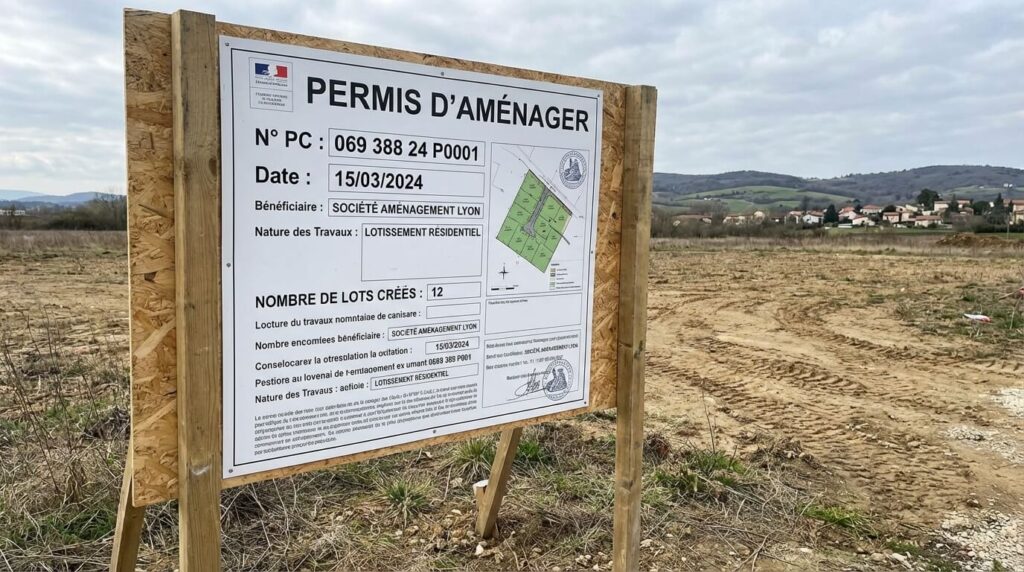 Panneau d'affichage réglementaire de Permis d'Aménager planté sur un terrain nu, mentionnant le nombre de lots créés