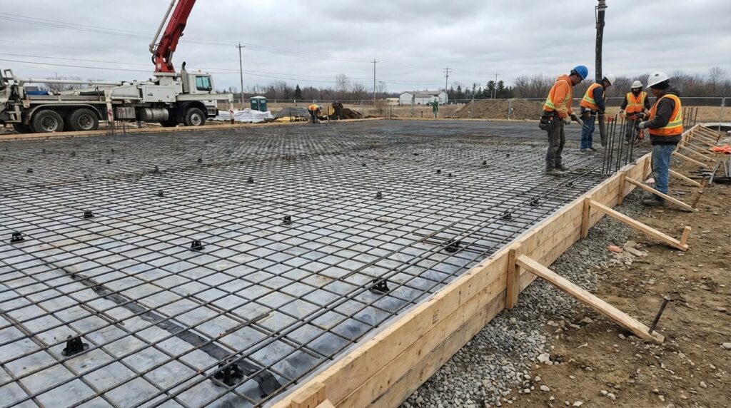 Préparation d'une dalle béton armé montrant le positionnement des treillis soudés (ferraillage) avant le coulage, élément clé de la résistance