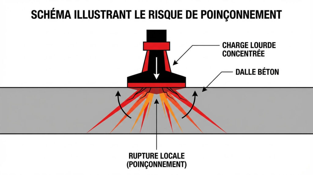 Schéma illustrant le risque de poinçonnement (rupture locale) sous une charge lourde concentrée comme un pied de machine ou un aquarium