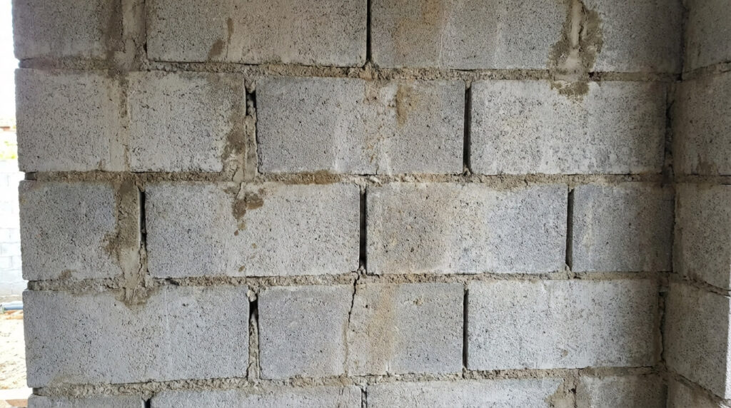 Coup de sabre en maçonnerie : Définition, Risques structurels et Normes DTU 2 Mur en parpaings bruts présentant un défaut de "coup de sabre", caractérisé par l'alignement vertical des joints sans croisement