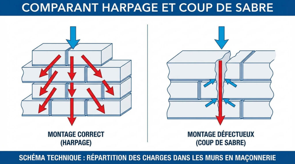 Coup de sabre en maçonnerie : Définition, Risques structurels et Normes DTU 3 Schéma technique comparant un montage correct avec harpage (croisement) et un montage défectueux avec coup de sabre pour illustrer la répartition des charges