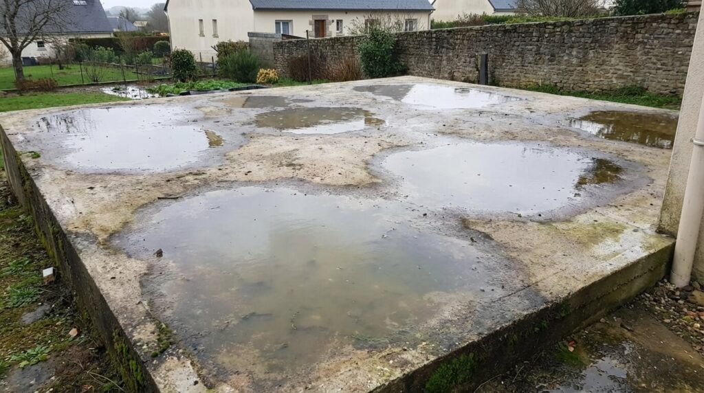 Grandes flaques d'eau stagnante (flaches) sur une dalle de terrasse en béton brut après la pluie, signe d'un défaut de planéité