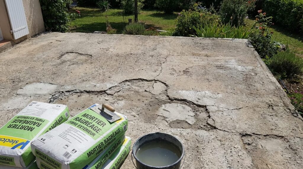 Application d'un mortier de ragréage extérieur fibré pour rattraper la pente et combler les creux d'une terrasse avant carrelage