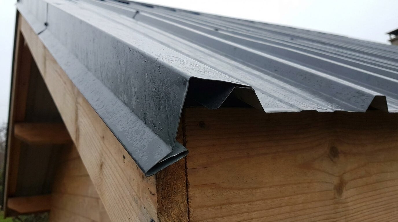 Détail d'une tôle bac acier avec l'extrémité pliée vers le bas (cassure de goutte) pour éviter la remontée d'eau par capillarité sous la toiture
