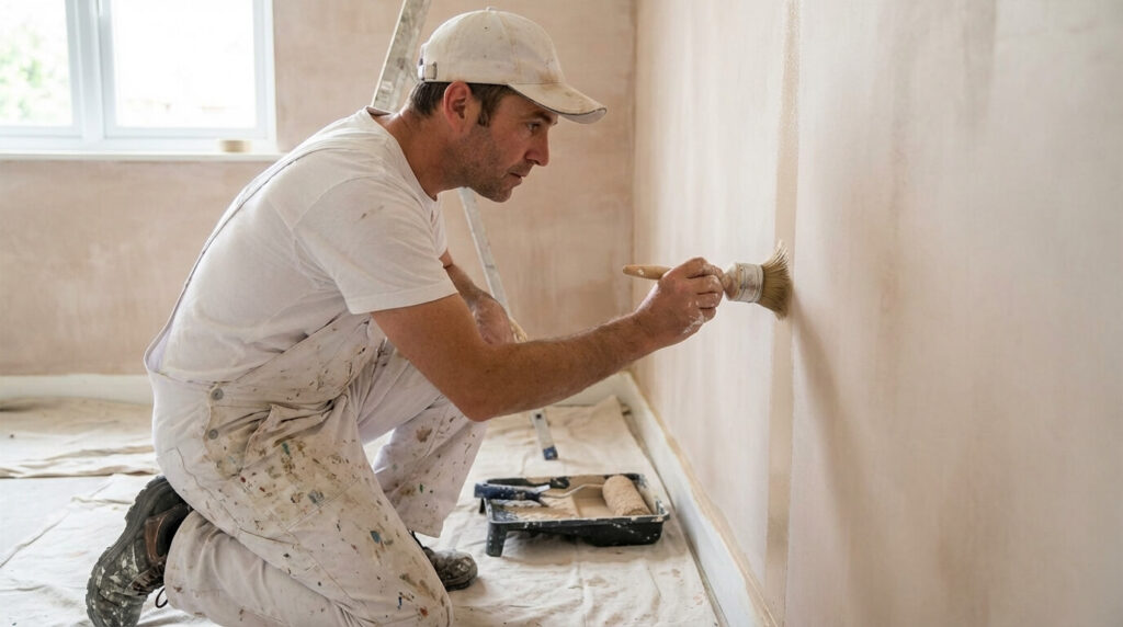 Peintre professionnel en train de rechampir l'angle d'un mur au pinceau à rechampir avant de passer le rouleau