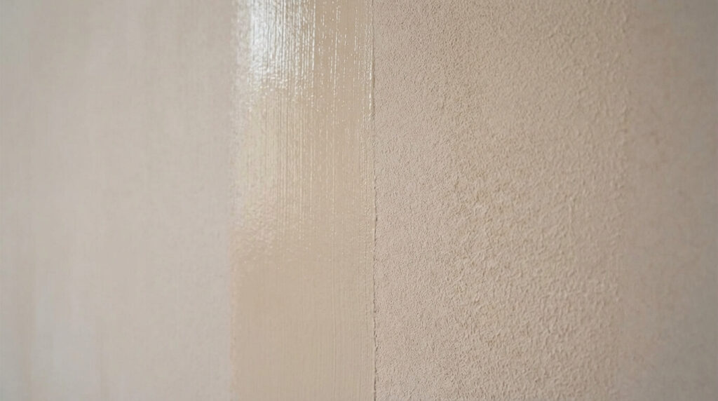 Gros plan sur un défaut de peinture appelé "fenêtrage" où la différence de texture entre le bord (pinceau) et le centre (rouleau) est visible à cause d'un mauvais rechampissage