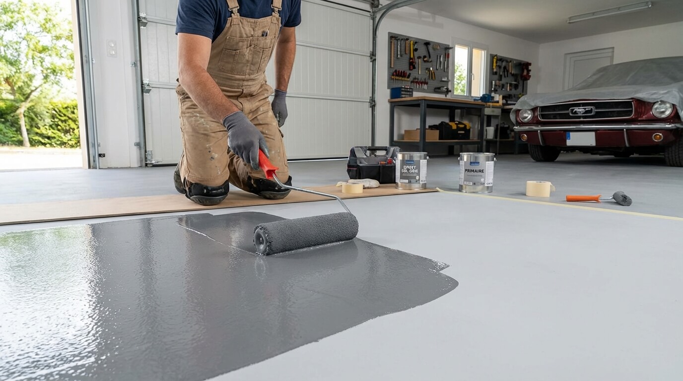 Application au rouleau d'une peinture de sol époxy grise sur un ragréage parfaitement préparé et primarisé dans un garage