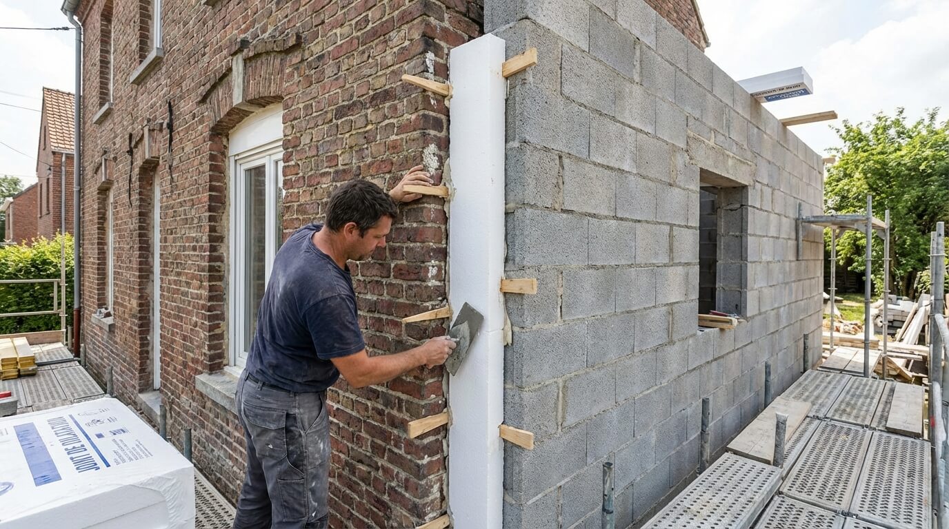 Mise en œuvre d'un joint de dilatation vertical (polystyrène) entre le mur de la maison existante et le nouveau mur de l'extension pour éviter les fissures