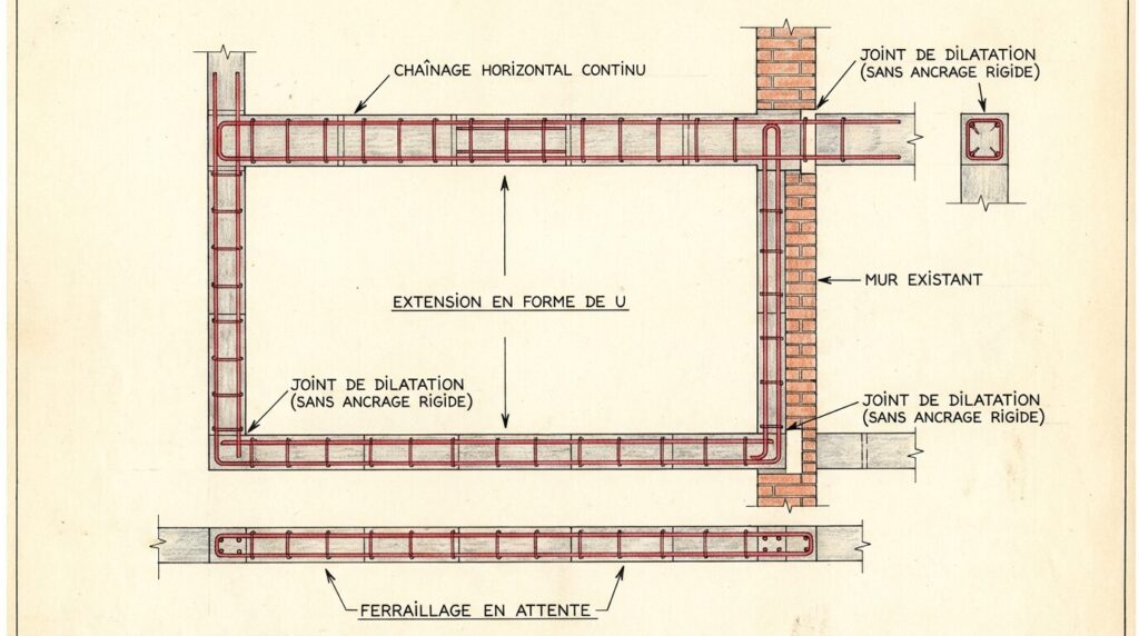 Chaînage d'une extension 3 murs : Conception, Solidarisation et Joint de dilatation 3 Plan technique de ferraillage montrant la continuité du chaînage horizontal sur une extension en forme de U (3 murs) sans ancrage rigide dans l'existant