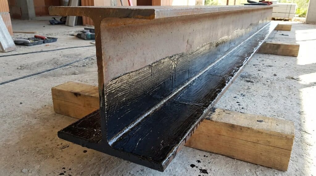 Comment sceller un IPN dans le sol : Méthodes, Protection anticorrosion et Béton 3 Poutrelle IPN en acier dont la partie basse est enduite d'une épaisse couche de bitume noir pour la protéger de la corrosion avant le scellement