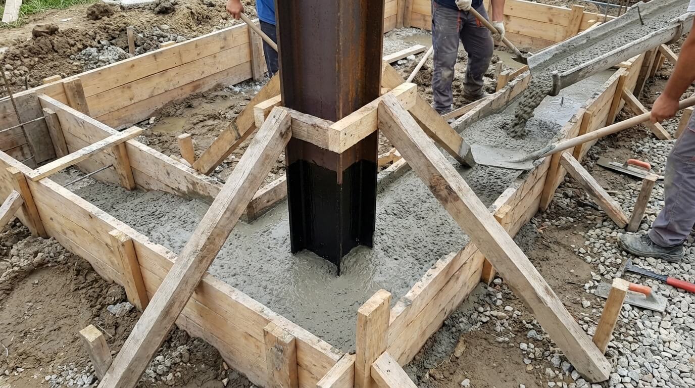 Coulage du béton de fondation autour d'un IPN maintenu verticalement par des étais de bois et un gabarit