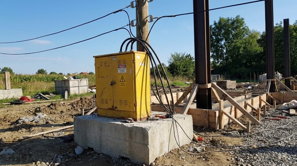 Passer du compteur de chantier au compteur définitif : Démarches, Consuel et Délais 2 Coffret de chantier provisoire jaune posé sur un support en béton, raccordé au réseau électrique aérien