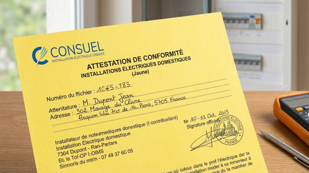Passer du compteur de chantier au compteur définitif : Démarches, Consuel et Délais 3 Exemple d'attestation de conformité Consuel Jaune (domestique), document indispensable pour la mise en service définitive