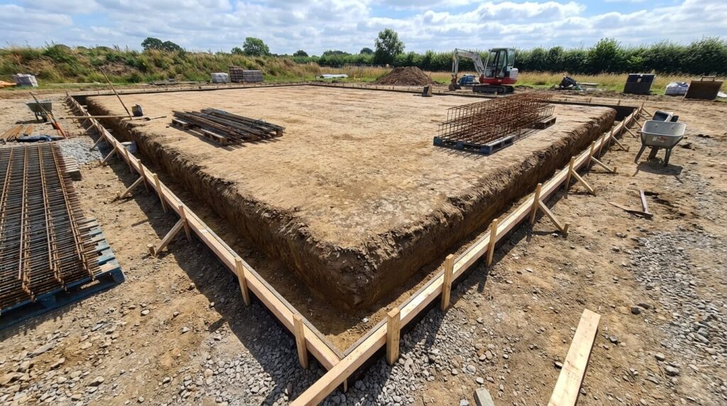 Bêche de rive (ou Bêche hors gel) : Rôle, Dimensionnement et Réalisation 2 Tranchée creusée en périphérie d'une future dalle béton, prête à être ferraillée et coulée pour former la bêche de rive