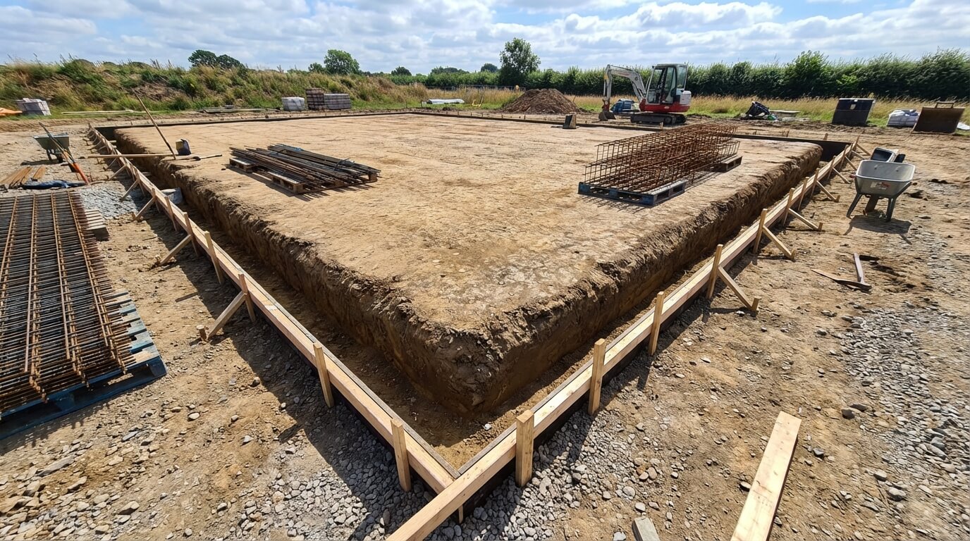 Tranchée creusée en périphérie d'une future dalle béton, prête à être ferraillée et coulée pour former la bêche de rive
