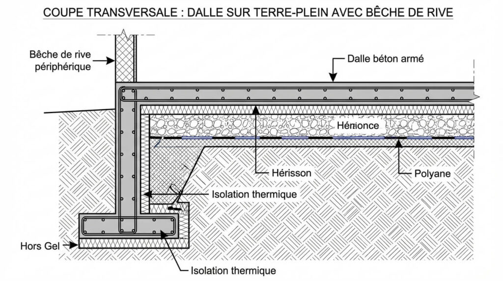 Bêche de rive (ou Bêche hors gel) : Rôle, Dimensionnement et Réalisation 3 Schéma en coupe d'une dalle sur terre-plein montrant la bêche de rive périphérique qui descend dans le sol pour protéger du gel et retenir le hérisson
