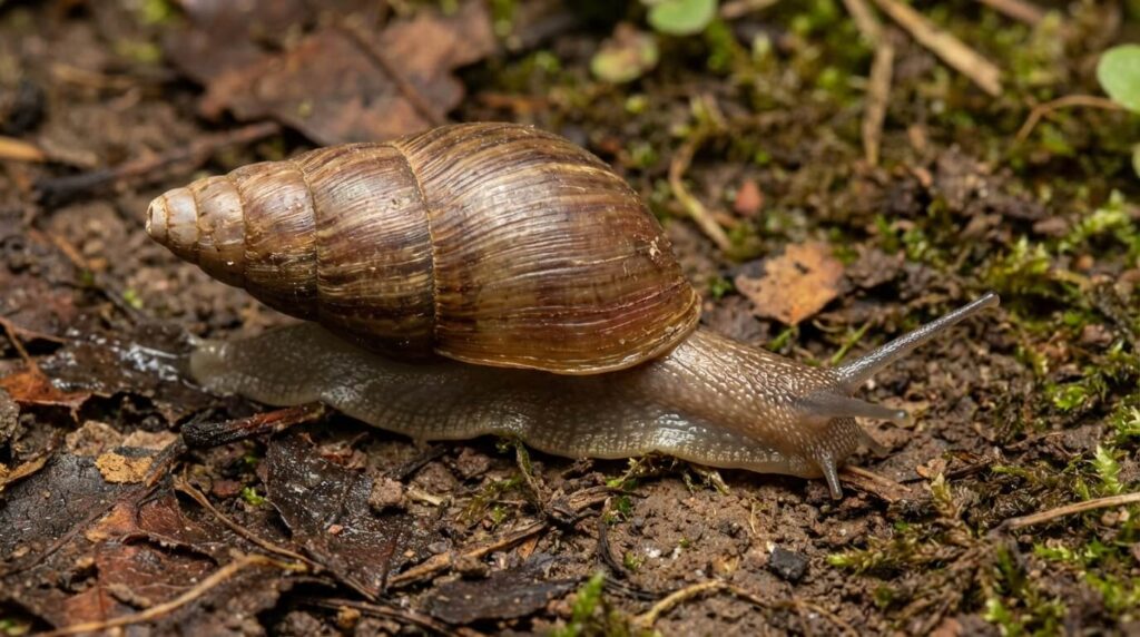 Bulime tronqué : Faut-il s'en débarrasser ou le protéger au jardin ? 2 Gros plan sur un Bulime tronqué (Rumina decollata) rampant sur la terre, reconnaissable à sa coquille conique allongée et son bout cassé