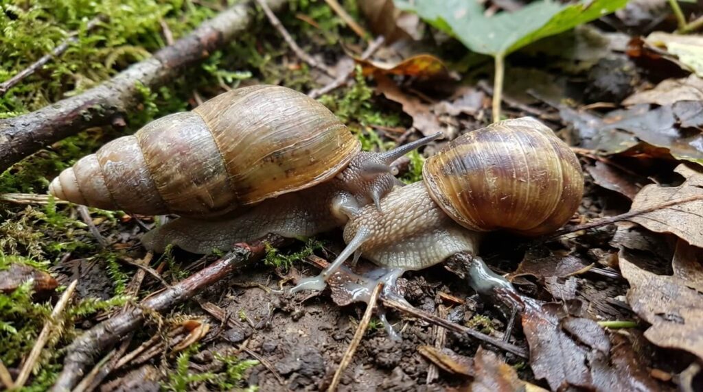 Bulime tronqué : Faut-il s'en débarrasser ou le protéger au jardin ? 3 Scène de prédation montrant un Bulime tronqué en train d'attaquer un escargot nuisible (Petit-Gris), illustrant son rôle d'auxiliaire
