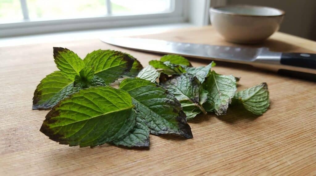 Feuilles de menthe fraîche coupées qui noircissent sur les bords par oxydation naturelle à l'air libre, restant comestibles